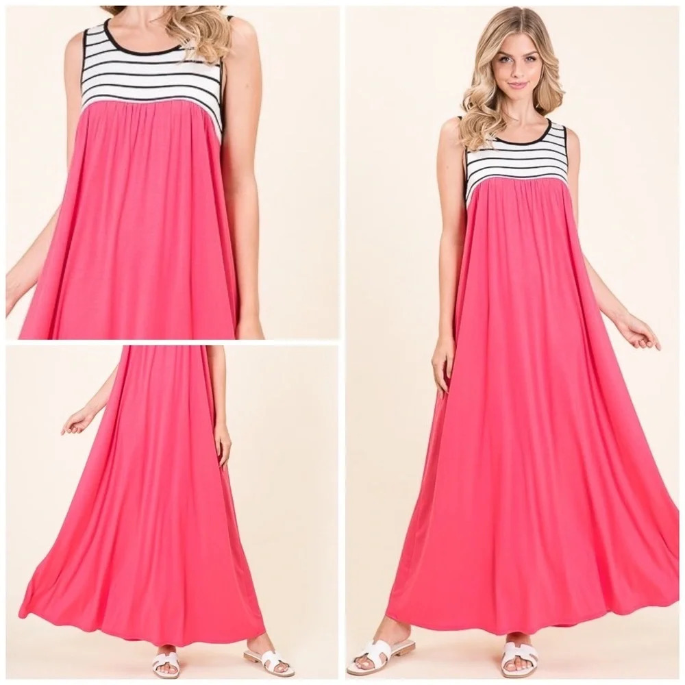 NWT bombom boutique Maxi tank dress high waisted contrast stripes hot pink
